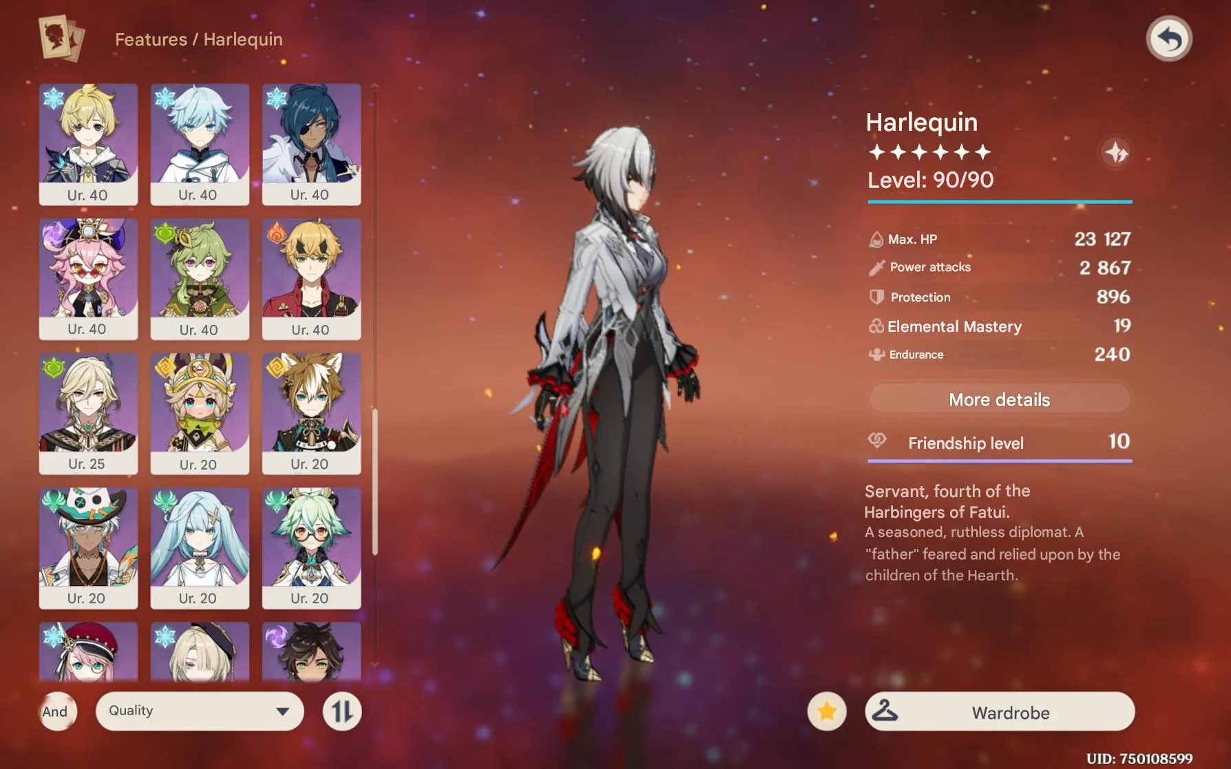 GI991 Harlequino C2 + Signature, Raiden C2 + Signature, Chasca C1 + Signature, Many 5 star Characters & Weapons 